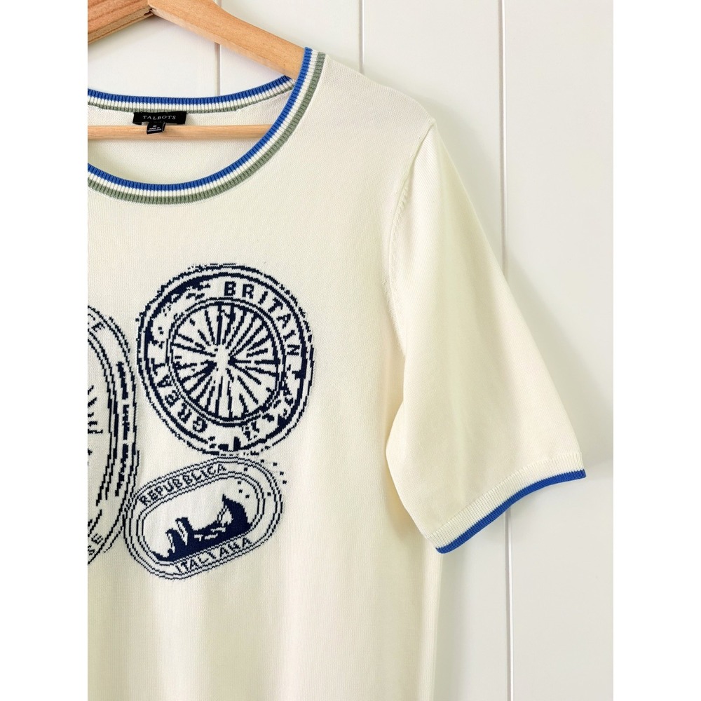 Talbots Stamp Whimsy Top France Great Britain Italy Size M Euro Summer Coastal - Picture 4 of 10
